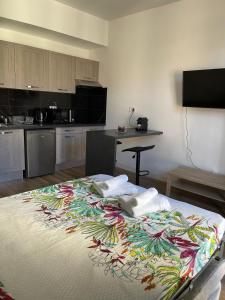 a bedroom with a large bed in a kitchen at Jolie studio in Nice