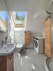 a bathroom with a sink and a washing machine at Przystanek Karpacz - Apartament Rejkiawik in Karpacz