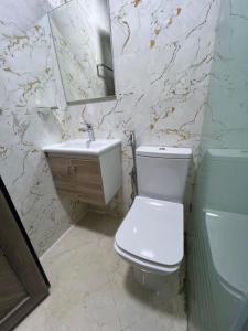 a bathroom with a toilet and a sink and a mirror at Résidence Saadia, Khouribga in Khouribga