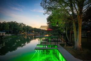ein Fluss mit grünen Lichtern im Wasser in der Unterkunft 2 Family Houses Waterfront Wurstfest Fun Sleeps 24 in McQueeney
