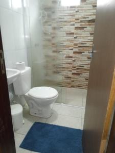ein Badezimmer mit Toilette und Dusche mit blauem Teppich in der Unterkunft Condomínio Bezerra in Maragogi