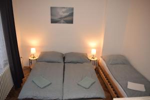 zwei Einzelbetten in einem Zimmer mit zwei Lampen in der Unterkunft DáMa in Ružomberok