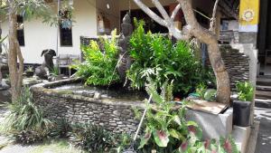 un jardin avec un mur en pierre et des plantes dans l'établissement Three Ayu Family House, à Ubud