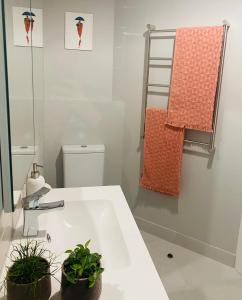 La salle de bains est pourvue d'un lavabo et de 2 plantes en pot. dans l'établissement Modern townhouse, walking distance to town centre, à Yarra Glen 22 autres photos