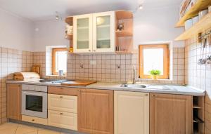 a kitchen with wooden cabinets and a sink at Pet Friendly Home In Gornje Dubrave With Sauna in Perići
