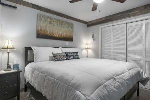 ein Schlafzimmer mit einem Bett und einem Deckenventilator in der Unterkunft Waterfront Family Oasis Spa Firepit Outdoor Kitchen in Canyon Lake