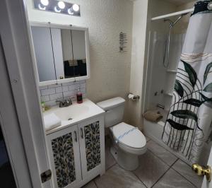 a bathroom with a toilet and a sink and a shower at The Getaway -6 miles from SNP in Three Rivers