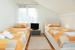 a bedroom with two beds and a tv on a table at Vila Petunija in Sjenica