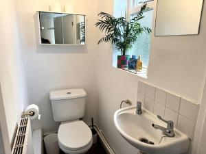 a bathroom with a toilet and a sink and a mirror at Worthing - Garden Pad with FREE on street PARKING in Worthing