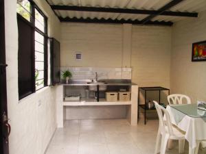 Melao Hostel Campestre y Vivero في بالميرا: مطبخ مع حوض وطاولة في الغرفة