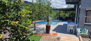 een patio met een palmboom en een parasol bij Casa em Chapeco com Piscina Privativa e Vista Lago in Nonoai