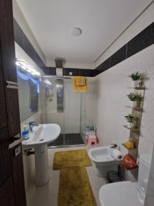 une salle de bain avec un lavabo, des toilettes et une douche dans l'établissement Premium Luxury Family Home in Downtown Meknes, à Meknès 13 autres photos