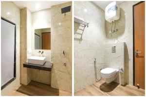 Dos imágenes de un baño con inodoro y lavabo. en Hotel Premium Suites Near Delhi Airport, en Nueva Delhi 68 fotos más