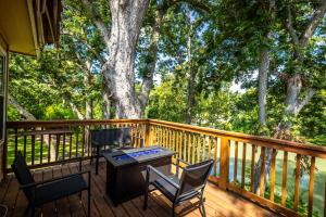 a deck with chairs and a table and a tree at Riverfront Private Deck Family Games Wurstfest Fun in Seguin
