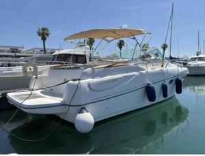 Ein weißes Boot liegt in einem Hafen. in der Unterkunft Barco Marina de Cascais in Cascais