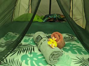 a towel with a flower on it laying in a tent at Camping Nany in Taputapuapea