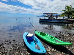 two kayaks on the shore with a boat in the water at Teahupo'o Lodge Tahiti - Studio Moana, lagon et quai en face - Canoës inclus in Teahupoo