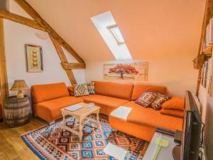 a living room with an orange couch and a tv at Mas dAmour in Montcabrier