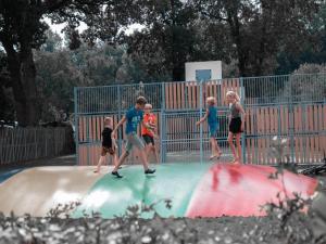 un grupo de niños de pie sobre una estructura de juegos en Luxury Safari Tent for 6 with Veranda, en Balkbrug