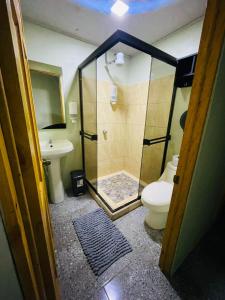a bathroom with a shower and a toilet and a sink at Cabinas Marielos in Sarapiquí +6 photos