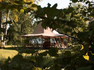 a tent in a field with trees in the background at Luxury holiday home in Overijssel in Balkbrug