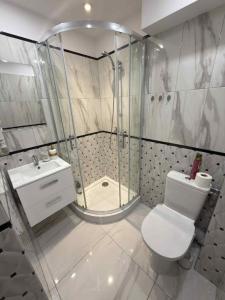 ein Badezimmer mit Dusche, Toilette und Waschbecken in der Unterkunft Trzy pokojowe mieszkanie przy UMK ,kilka przystanków od starego Miasta in Toruń