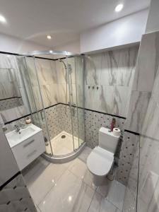 ein Badezimmer mit Dusche, Toilette und Waschbecken in der Unterkunft Trzy pokojowe mieszkanie przy UMK ,kilka przystanków od starego Miasta in Toruń + 15 Fotos