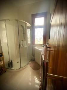 a bathroom with a shower and a sink at Rose Cottage - Charming 2 Bedroom Home in Dunedin