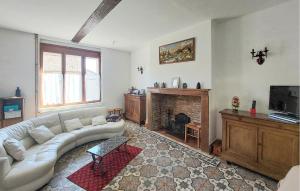 Una sala de estar con un sofá blanco y una chimenea. en Gite De Campagne Avec Jardin, en Mailly-Maillet