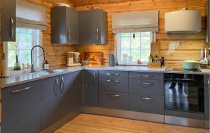 a kitchen with stainless steel appliances and wooden walls at 3 Bedroom Beautiful Home In Straumgjerde in Brunstad
