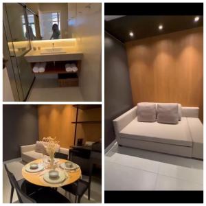 - deux photos d'une salle de bains avec un lit et un lavabo dans l'établissement Resort porto life2, à Ipojuca