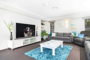 BongareeにあるBribie Breeze Family Retreat with Pool & BBQのリビングルーム(テレビ、ソファ付) +24枚の写真