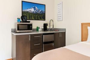 a hotel room with a microwave and a bed at Snowcreek Suite - Dogwood - Hot tub - Kitchenette in Leavenworth