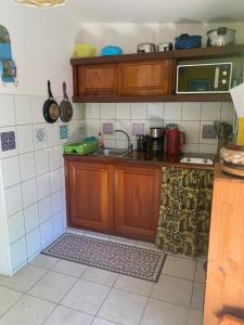 a kitchen with wooden cabinets and a sink at Les Manguiers in Deshaies