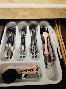 SinajanaにあるPedro's Place 1 bedroom and 1 bathroomの調理器具入りの盆