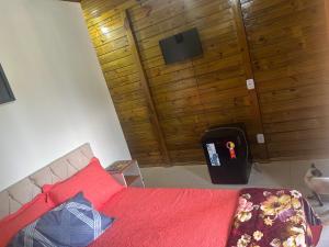 a bedroom with a red bed and a wooden wall at Pousada Hostels Foryou in Ibiraçu