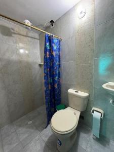 een badkamer met een toilet en een blauw douchegordijn bij Apartahotel Vista Verde in El Peñón