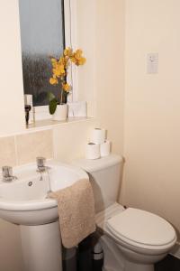 a white bathroom with a toilet and a sink at Quiet Yellow Rest House Sleeps 7 in Swindon +63 photos