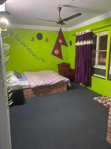 a bedroom with green walls and a bed in a room at Home made guest house and netflix in Bhaktapur
