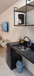a kitchen counter with a sink and a microwave at Studio planejado em itaipava in Araras Petropolis