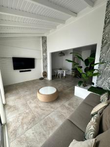 a living room with a couch and a tv at Duplex Atypique et Authentique in Saint Martin