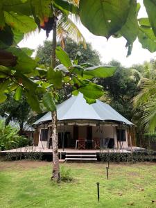 a building with a tent in the middle of a field at Safari tent with private pool close to Manuel Antonio Glamping 2 in Savegre