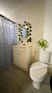 ein Badezimmer mit Toilette, Waschbecken und Spiegel in der Unterkunft Brisa Marina Suites - Atras de Playa regatas y Malecon in Veracruz + 29 Fotos