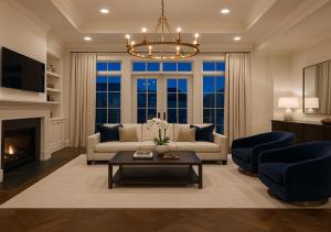 a living room with a couch and a fireplace at Copper Retreats in Atlanta