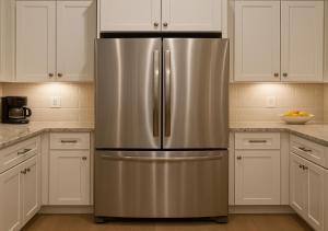 アトランタにあるCopper Retreatsの- ステンレス製の冷蔵庫(白いキャビネット付)