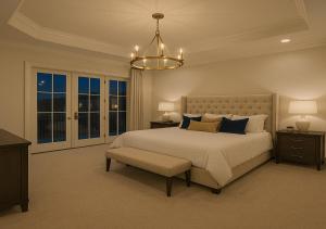 アトランタにあるCopper Retreatsの大きなベッドとシャンデリアのある寝室