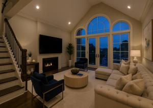 アトランタにあるCopper Retreatsのソファと暖炉のあるリビングルーム