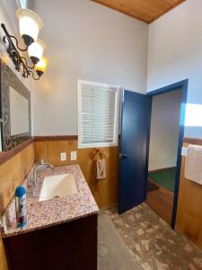 a bathroom with a sink and a blue door at Bearadise Cabin in Sugarloaf