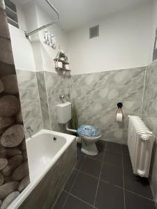 a bathroom with a toilet and a tub and a sink at MelsHome Entire apartment to feel good in Geislingen an der Steige