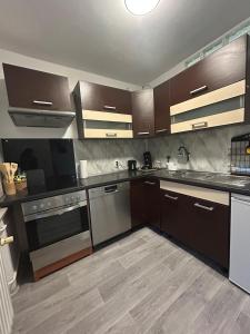 a kitchen with stainless steel appliances and wooden cabinets at MelsHome Entire apartment to feel good in Geislingen an der Steige